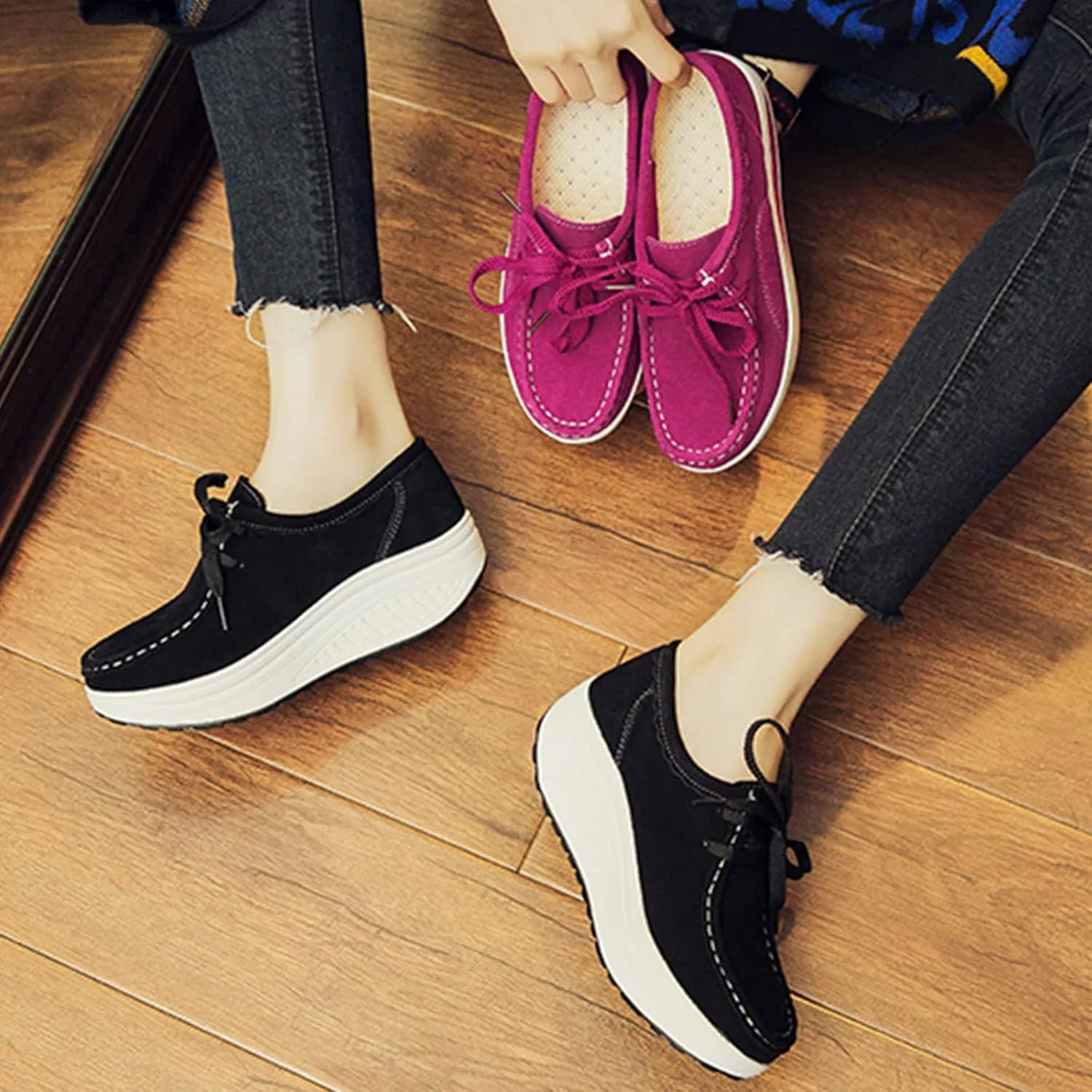 BlackeEight Women's Pain Relief Walk Shoes Lightweight Comfy Suede Casual Lace-up Low Height Antiskid Wedge Orthotic Nurse Sneakers