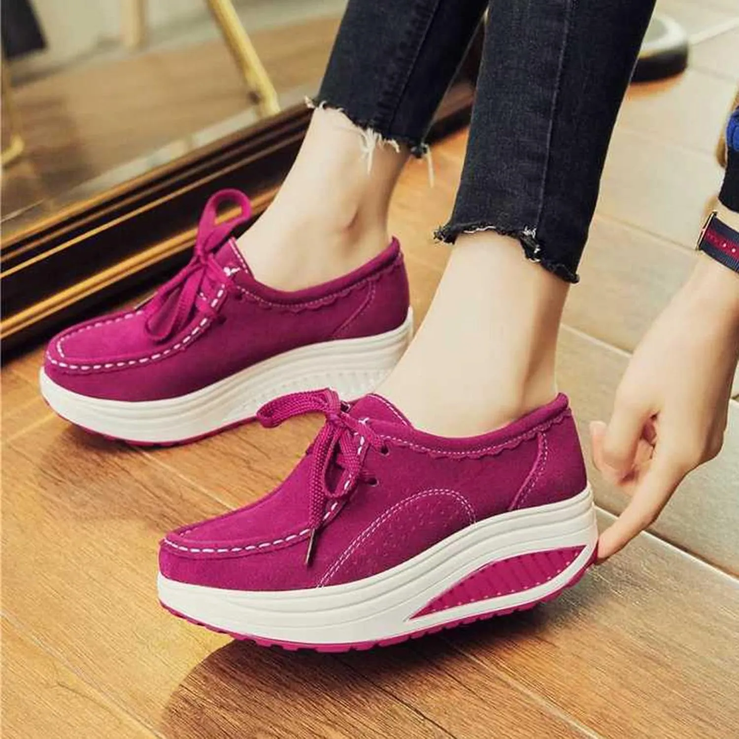 BlackeEight Women's Pain Relief Walk Shoes Lightweight Comfy Suede Casual Lace-up Low Height Antiskid Wedge Orthotic Nurse Sneakers