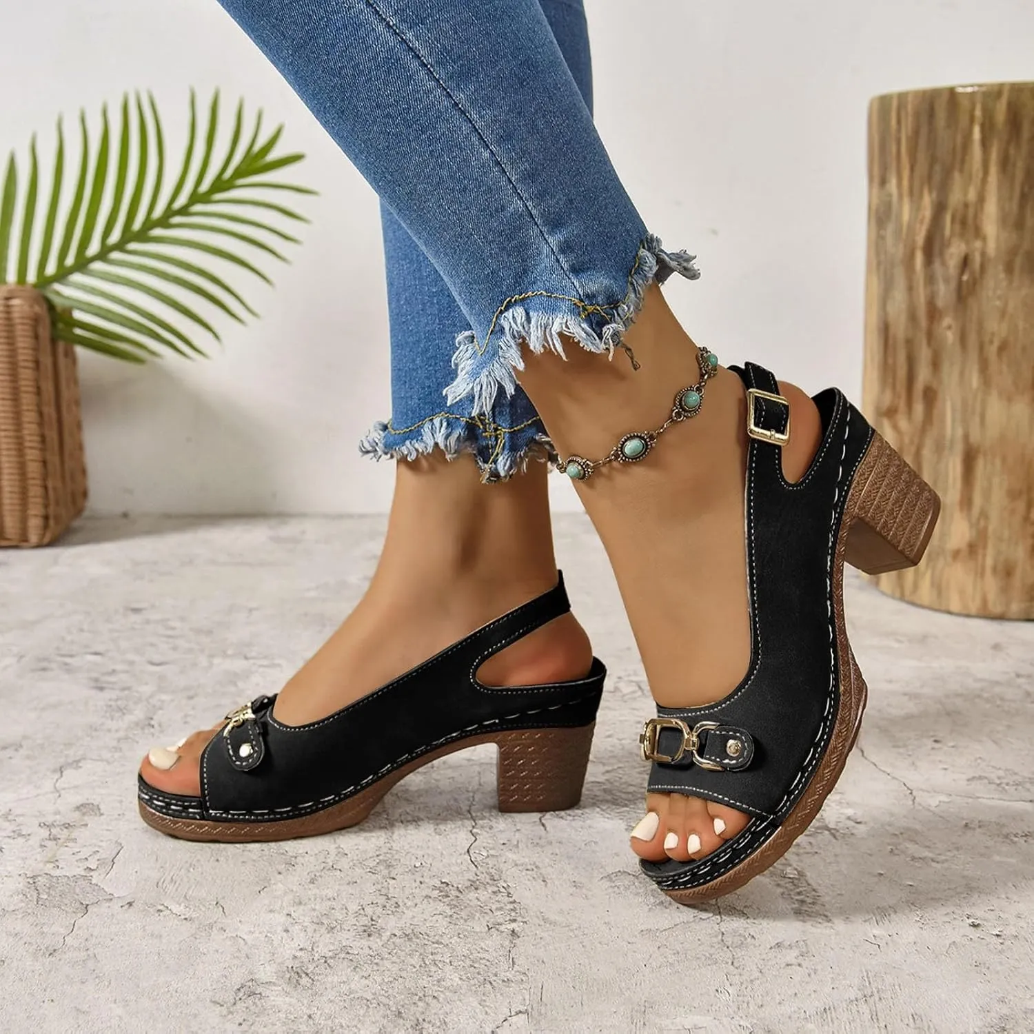 Block Heel Sandals for Women 2025 Comfy Slingback Dressy Peep Toe Adjustable Strappy Sandals Chunky Mid High Heeled Ladies Cushion Footbed Orthopedic Arch Support Shoes for Daily Wear