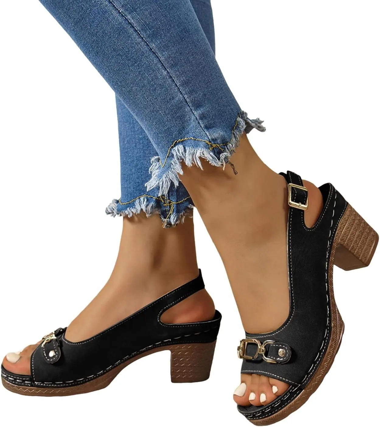 Block Heel Sandals for Women 2025 Comfy Slingback Dressy Peep Toe Adjustable Strappy Sandals Chunky Mid High Heeled Ladies Cushion Footbed Orthopedic Arch Support Shoes for Daily Wear