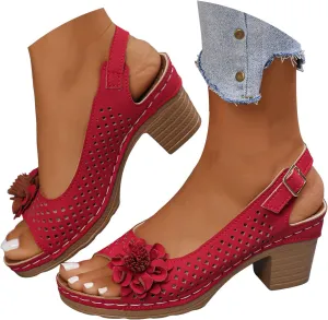 Block Heel Sandals for Women 2025 Open Toe Summer Casual Solid Color Hollow Out Floral Decor Sandals Hollow Out Slingback Chunky Block Heel Cut-Out Party Dress Wedding Dance Shoes