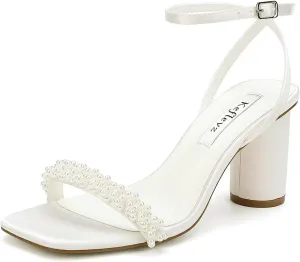 Block Heel Wedding Sandals Pearl Heels Wedding Shoes for Bride Open Square Toe Bridal Shoes