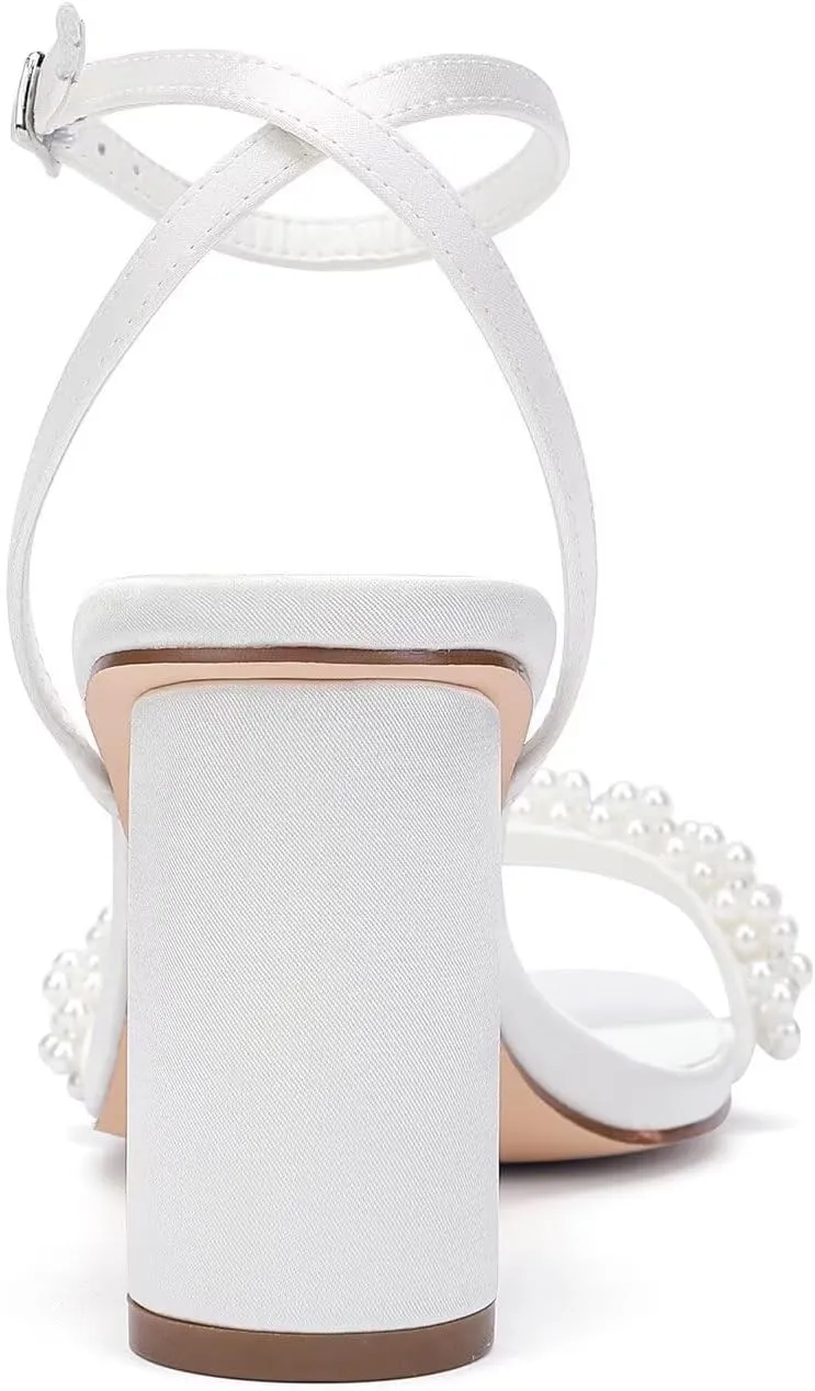 Block Heel Wedding Sandals Pearl Heels Wedding Shoes for Bride Open Square Toe Bridal Shoes