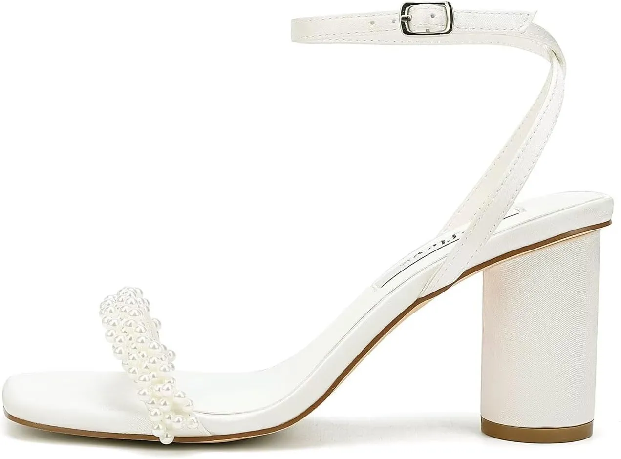 Block Heel Wedding Sandals Pearl Heels Wedding Shoes for Bride Open Square Toe Bridal Shoes
