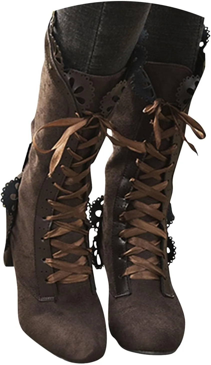 Boots for Women Victorian Casual Lace Up Renaissance Boots Mid Heels Vintage Boots Retro Halloween Cosplay Witch Shoes
