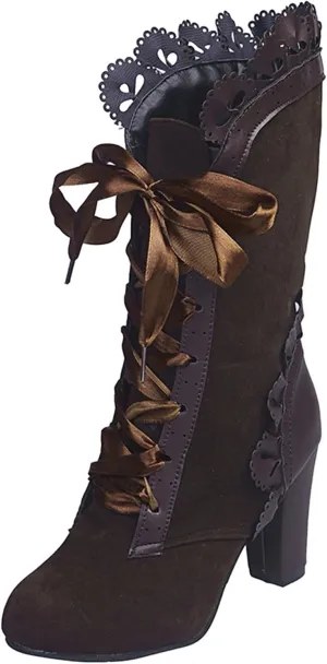 Boots for Women Victorian Casual Lace Up Renaissance Boots Mid Heels Vintage Boots Retro Halloween Cosplay Witch Shoes