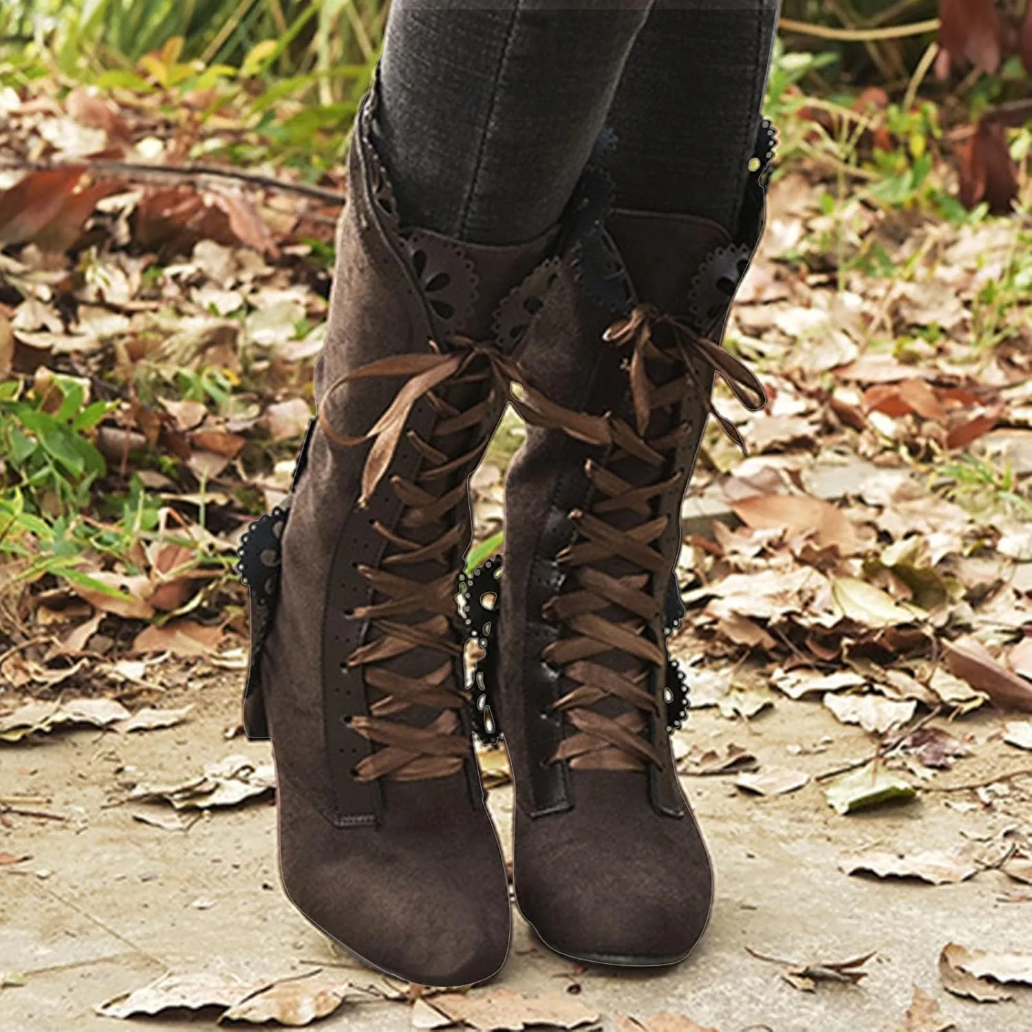 Boots for Women Victorian Casual Lace Up Renaissance Boots Mid Heels Vintage Boots Retro Halloween Cosplay Witch Shoes