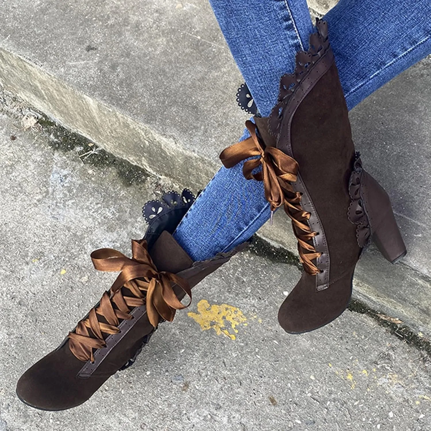 Boots for Women Victorian Casual Lace Up Renaissance Boots Mid Heels Vintage Boots Retro Halloween Cosplay Witch Shoes