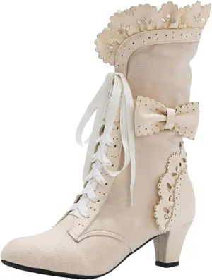 Boots for Women, Women Mid Heels Sweet Bow Boots Faux Suede Lace Up Victorian Inspired Boots Mid Calf Kawaii Boot