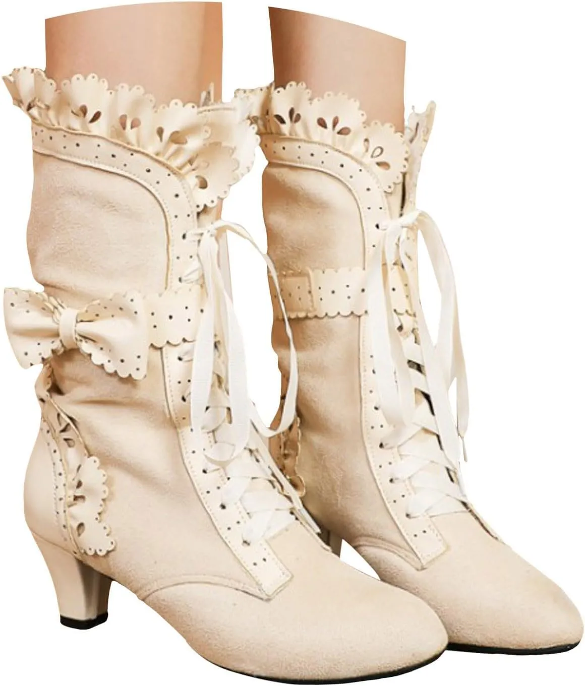 Boots for Women, Women Mid Heels Sweet Bow Boots Faux Suede Lace Up Victorian Inspired Boots Mid Calf Kawaii Boot