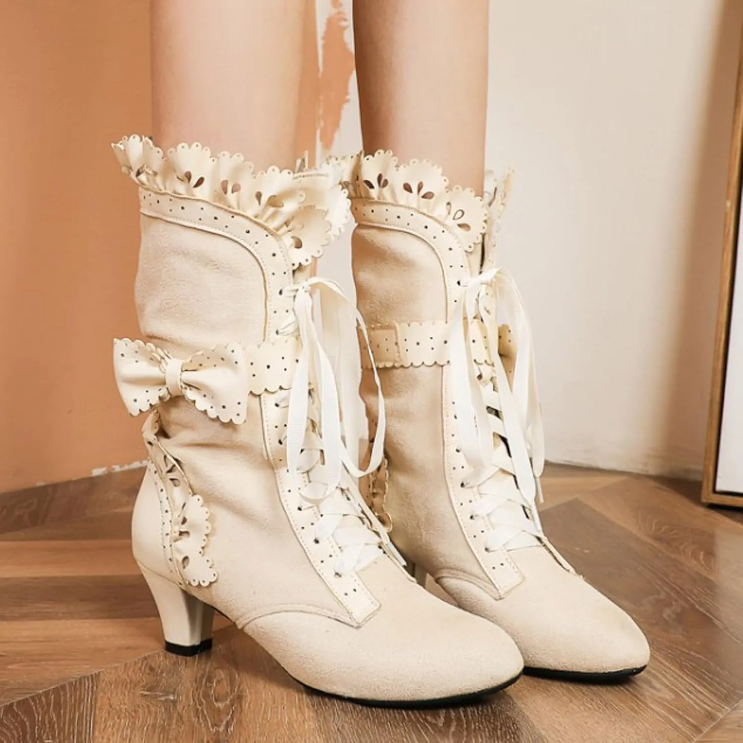 Boots for Women, Women Mid Heels Sweet Bow Boots Faux Suede Lace Up Victorian Inspired Boots Mid Calf Kawaii Boot