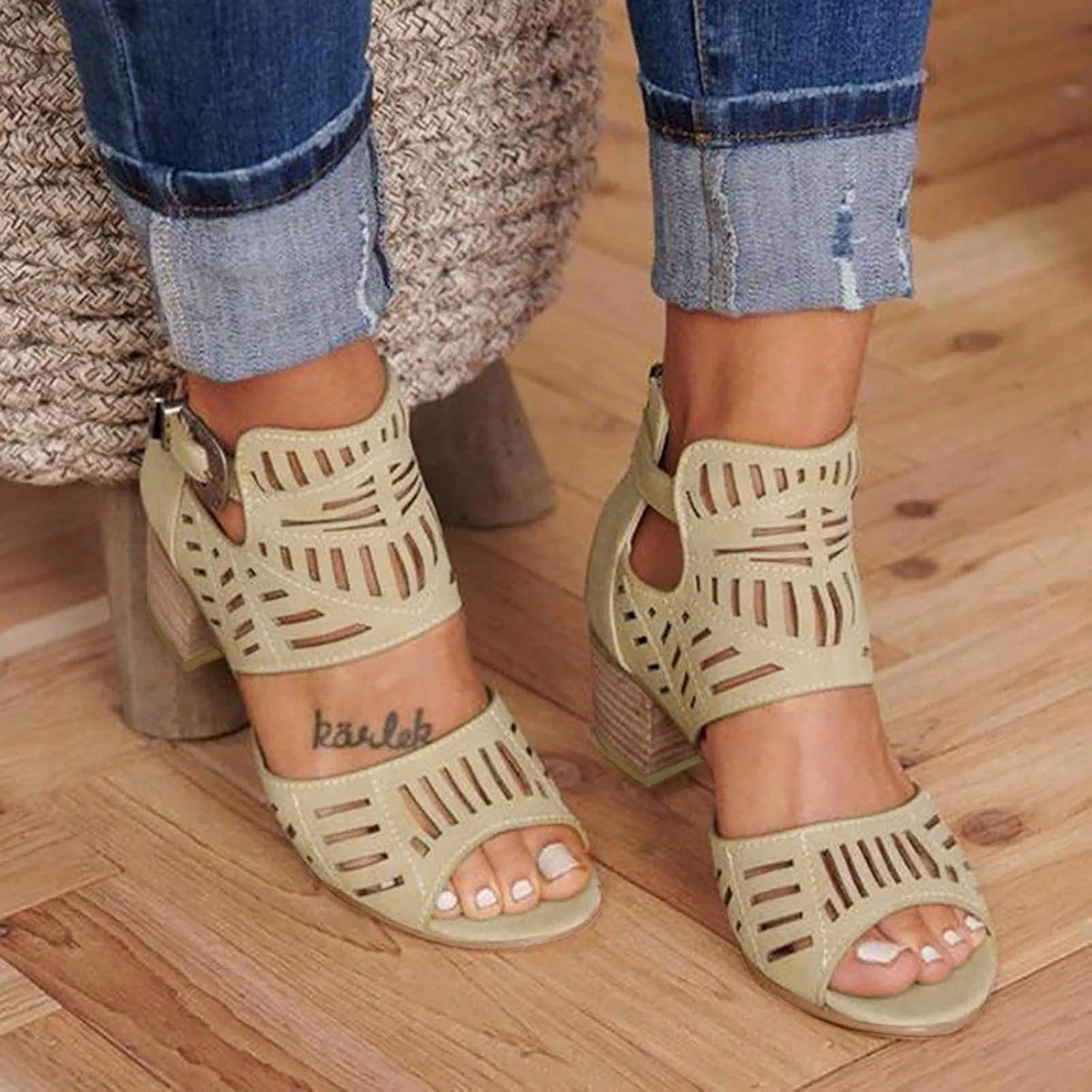 BORAMAX Ladies Ankle Buckle Sandals, Roman Sandals Casual Summer Hollow Open Toe High Chunky Heel Booties Black-10