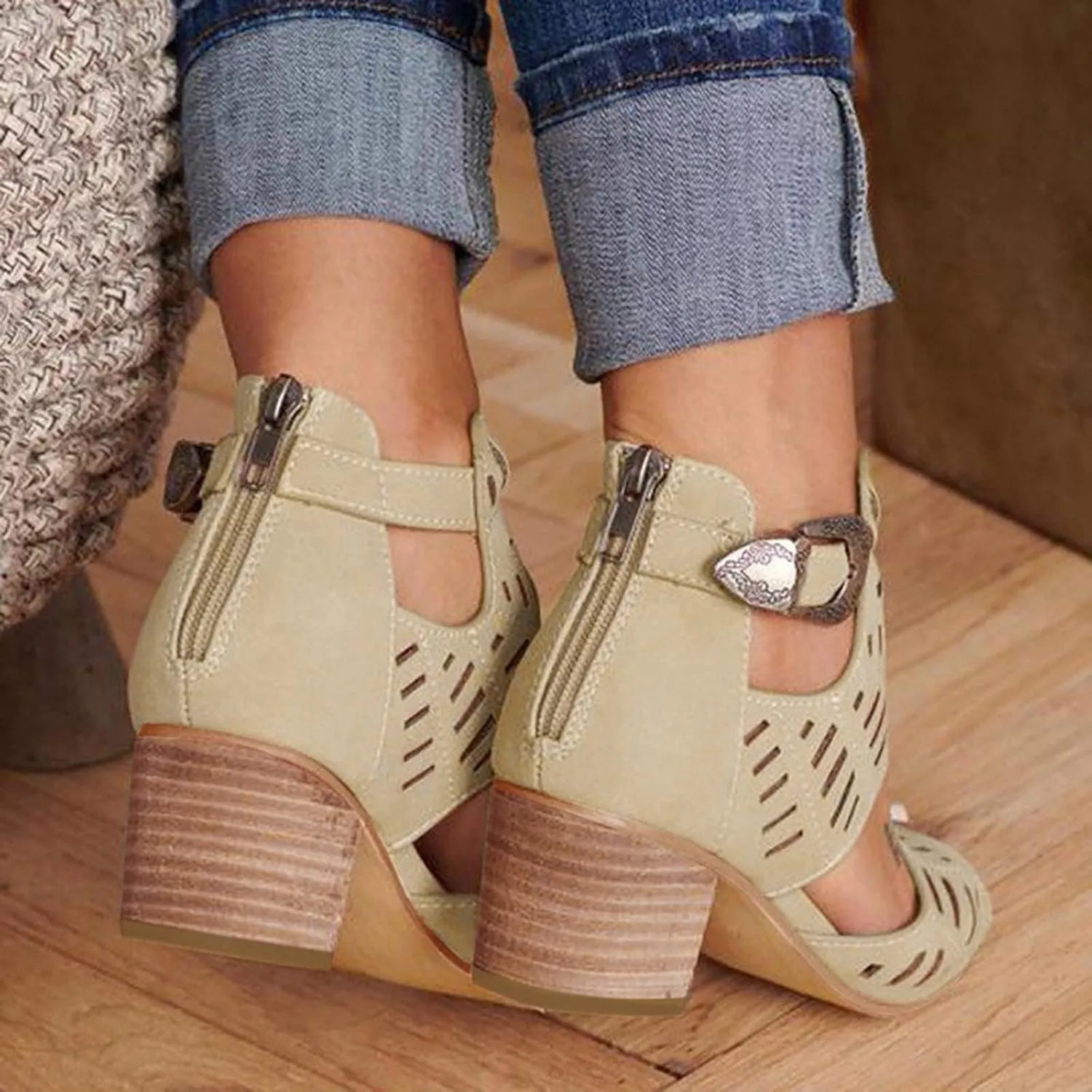 BORAMAX Ladies Ankle Buckle Sandals, Roman Sandals Casual Summer Hollow Open Toe High Chunky Heel Booties Black-10