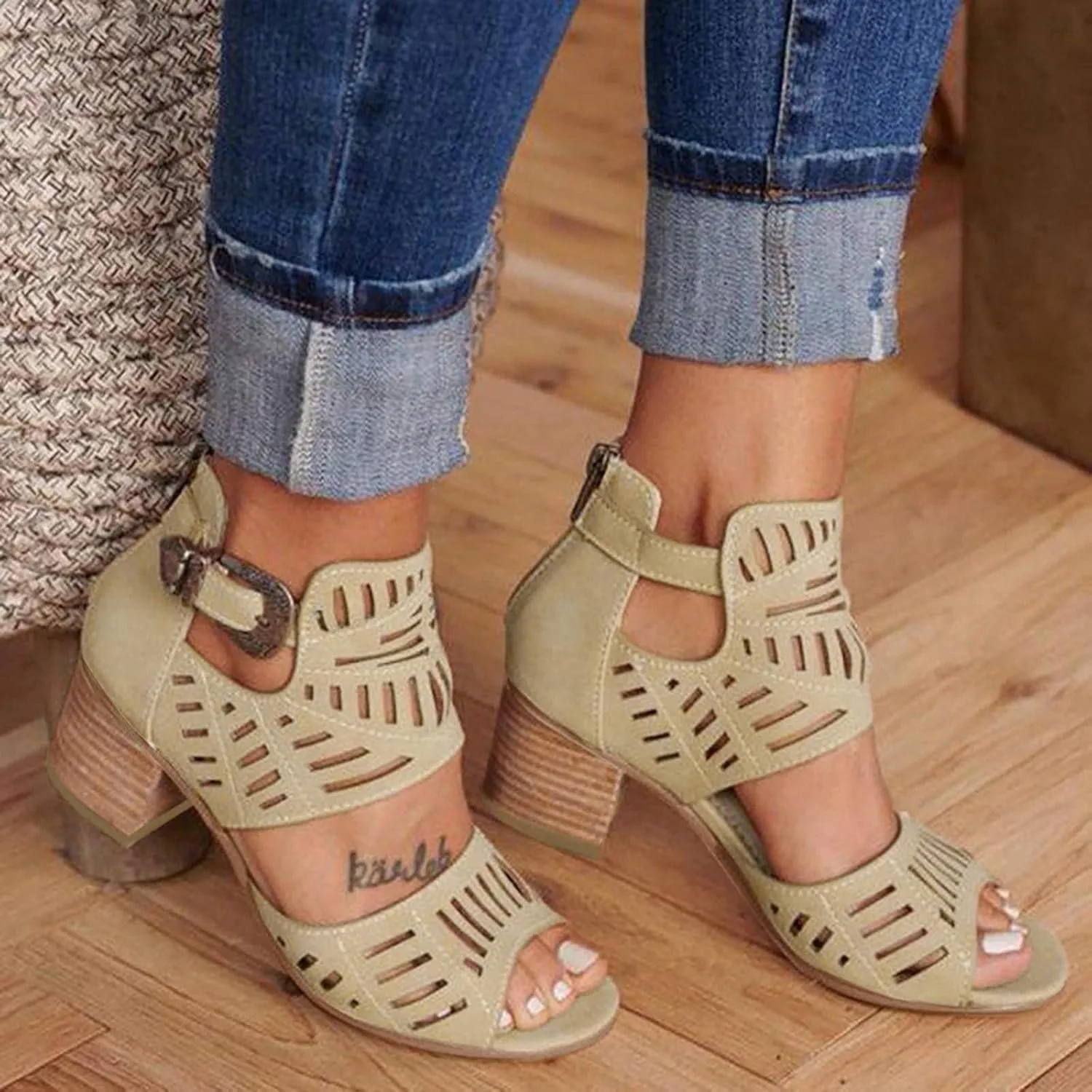 BORAMAX Ladies Ankle Buckle Sandals, Roman Sandals Casual Summer Hollow Open Toe High Chunky Heel Booties Black-10