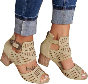 BORAMAX Ladies Ankle Buckle Sandals, Roman Sandals Casual Summer Hollow Open Toe High Chunky Heel Booties Black-10
