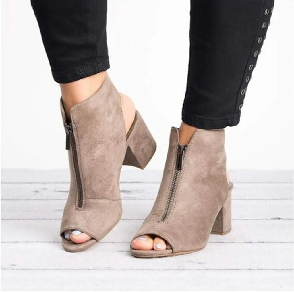 BORAMAX Womens Open Toe Heel Sandals, Fashion Cutout Side Strap Zipper Chunky Heel Sandals Slip On Ankle Backless Booties