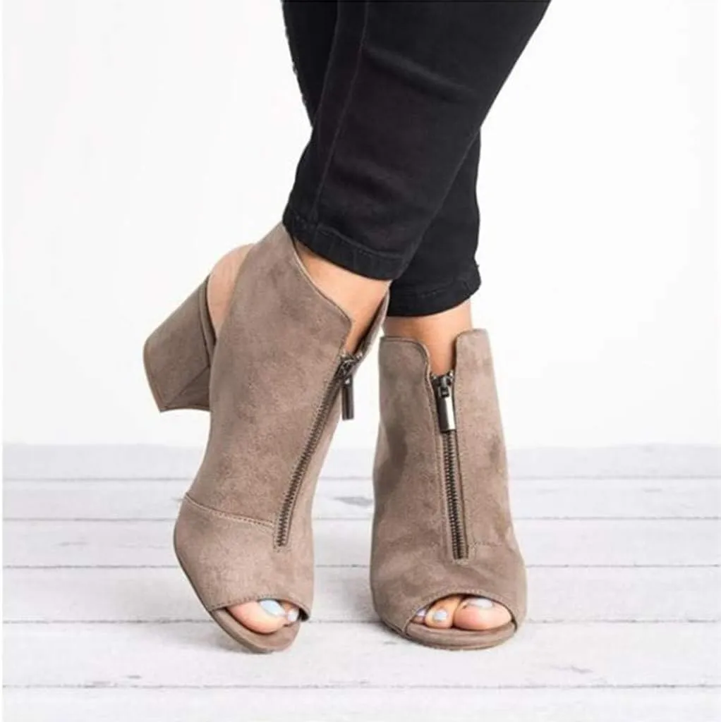 BORAMAX Womens Open Toe Heel Sandals, Fashion Cutout Side Strap Zipper Chunky Heel Sandals Slip On Ankle Backless Booties