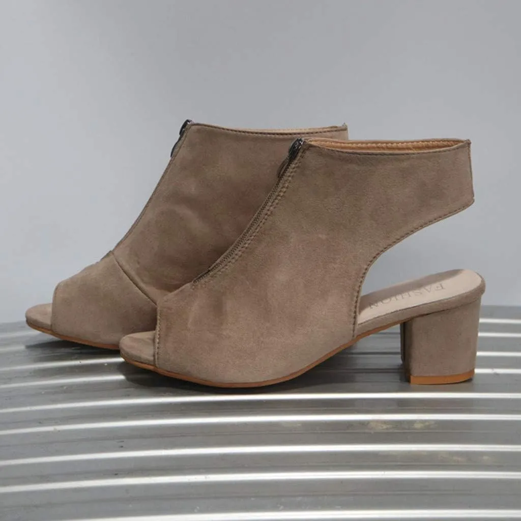 BORAMAX Womens Open Toe Heel Sandals, Fashion Cutout Side Strap Zipper Chunky Heel Sandals Slip On Ankle Backless Booties