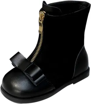 Bow Fuzzy Leather Boots For Girls Kids Front Zipper Soft 𝐖aterproof Booties Shoes Sole Non Slip Childrens Comfy Shoes