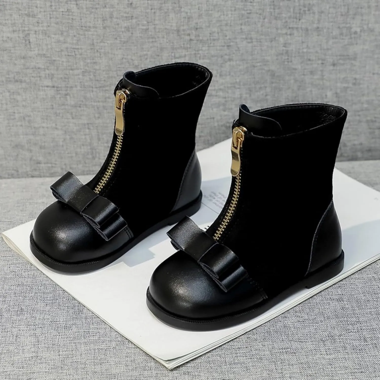 Bow Fuzzy Leather Boots For Girls Kids Front Zipper Soft 𝐖aterproof Booties Shoes Sole Non Slip Childrens Comfy Shoes