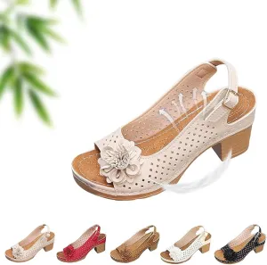 Buckled Square Heel Sandals for Women, Comfortable Non-Slip Solid Color Open-Toe Wedge Sandals for Women, Summer Lightweight Mesh Flowers Open Toe Chunky Heel Slides whit Arch Support