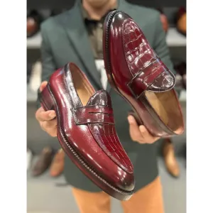 Burgundy Mirror Glossed Patina Belgian Loafers With Croco Detail