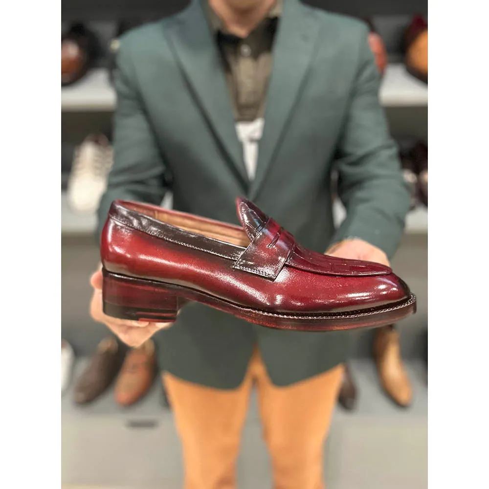 Burgundy Mirror Glossed Patina Belgian Loafers With Croco Detail