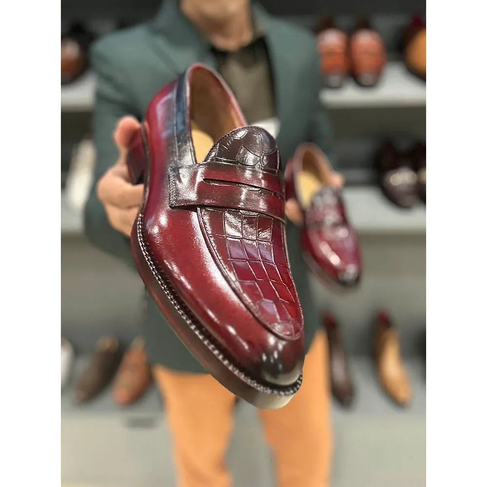 Burgundy Mirror Glossed Patina Belgian Loafers With Croco Detail