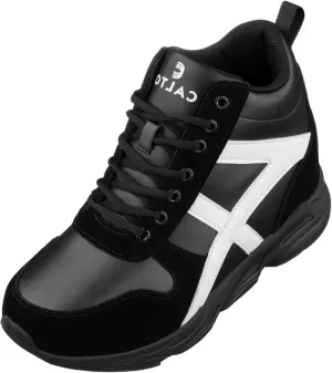 CALTO Men's Invisible Height Increasing Elevator Shoes - Black/White Lace-up High-Top Hiking Style Sneaker Boots - 3.6 Inches Taller - S22783 - Size 12 D(M) US