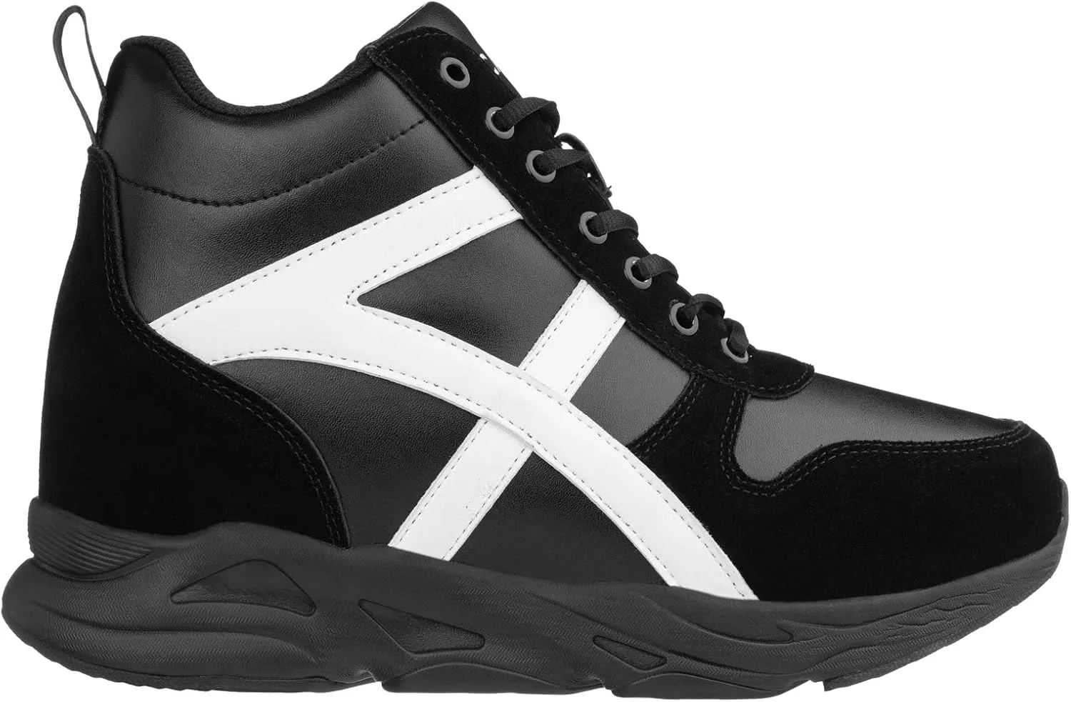 CALTO Men's Invisible Height Increasing Elevator Shoes - Black/White Lace-up High-Top Hiking Style Sneaker Boots - 3.6 Inches Taller - S22783 - Size 12 D(M) US