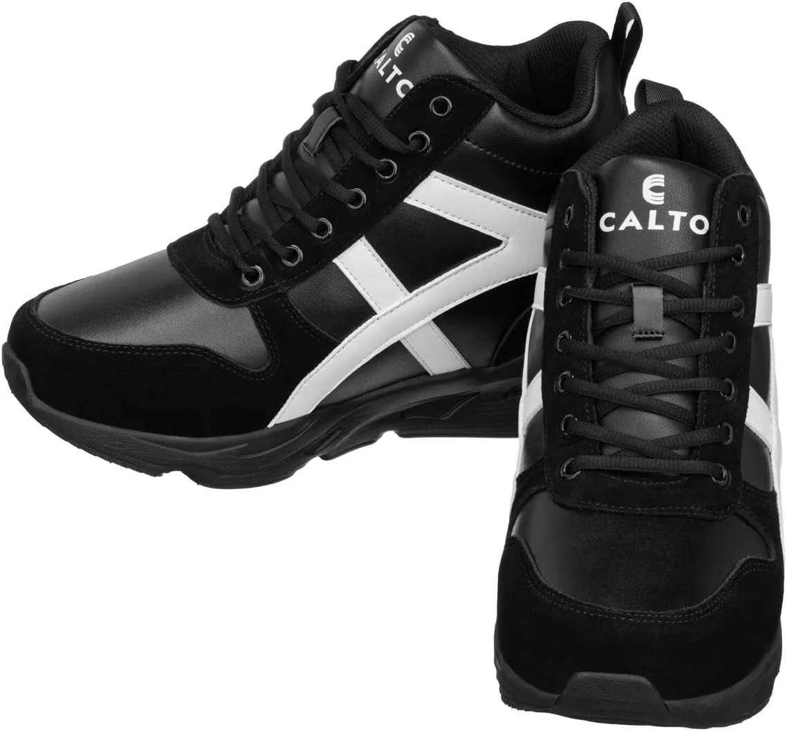 CALTO Men's Invisible Height Increasing Elevator Shoes - Black/White Lace-up High-Top Hiking Style Sneaker Boots - 3.6 Inches Taller - S22783 - Size 12 D(M) US