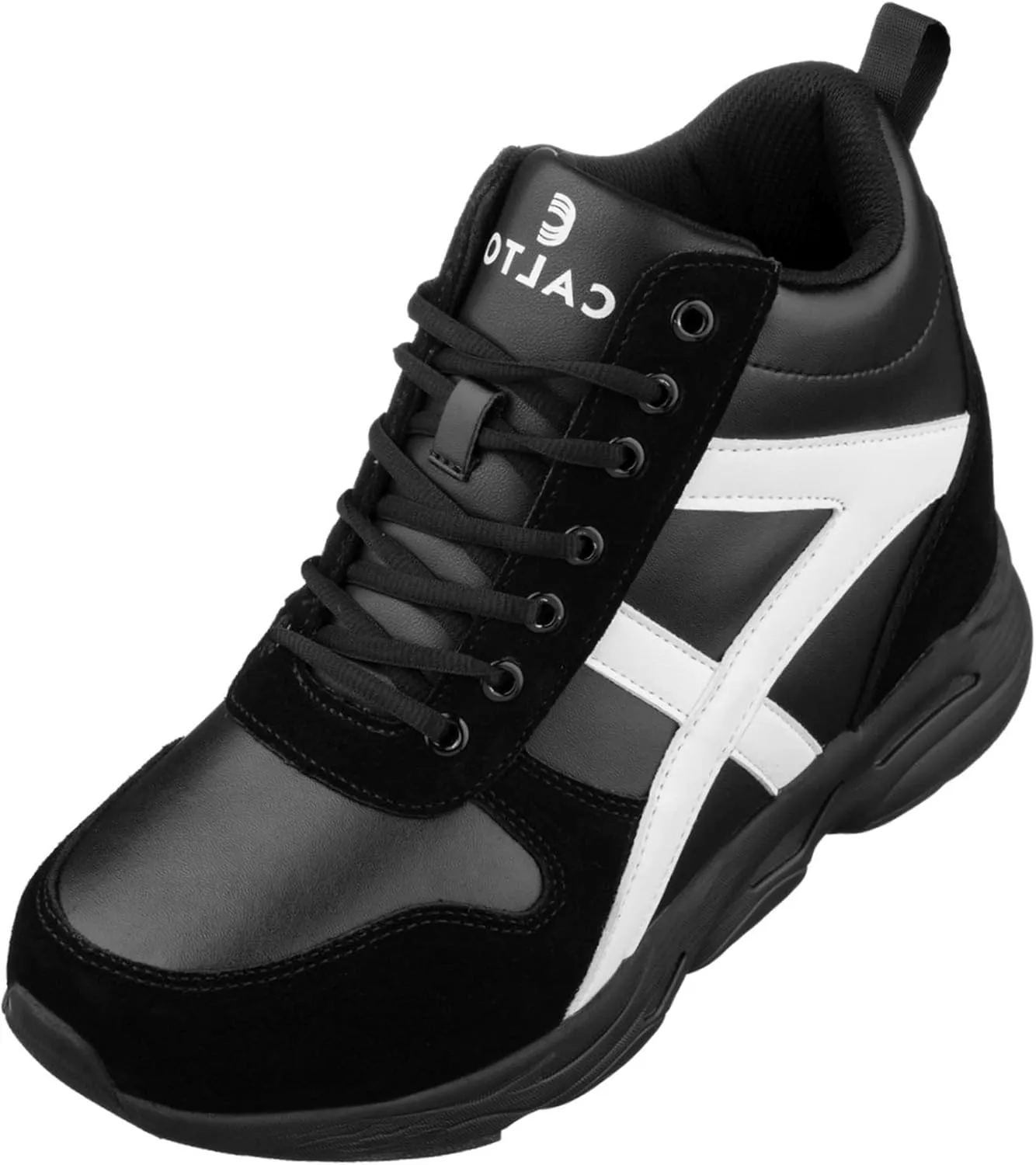 CALTO Men's Invisible Height Increasing Elevator Shoes - Black/White Lace-up High-Top Hiking Style Sneaker Boots - 3.6 Inches Taller - S22783 - Size 12 D(M) US