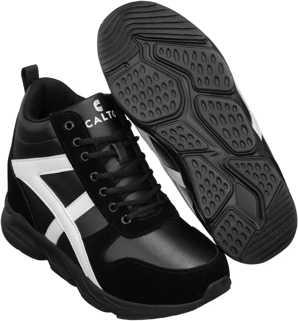 CALTO Men's Invisible Height Increasing Elevator Shoes - Black/White Lace-up High-Top Hiking Style Sneaker Boots - 3.6 Inches Taller - S22783 - Size 12 D(M) US