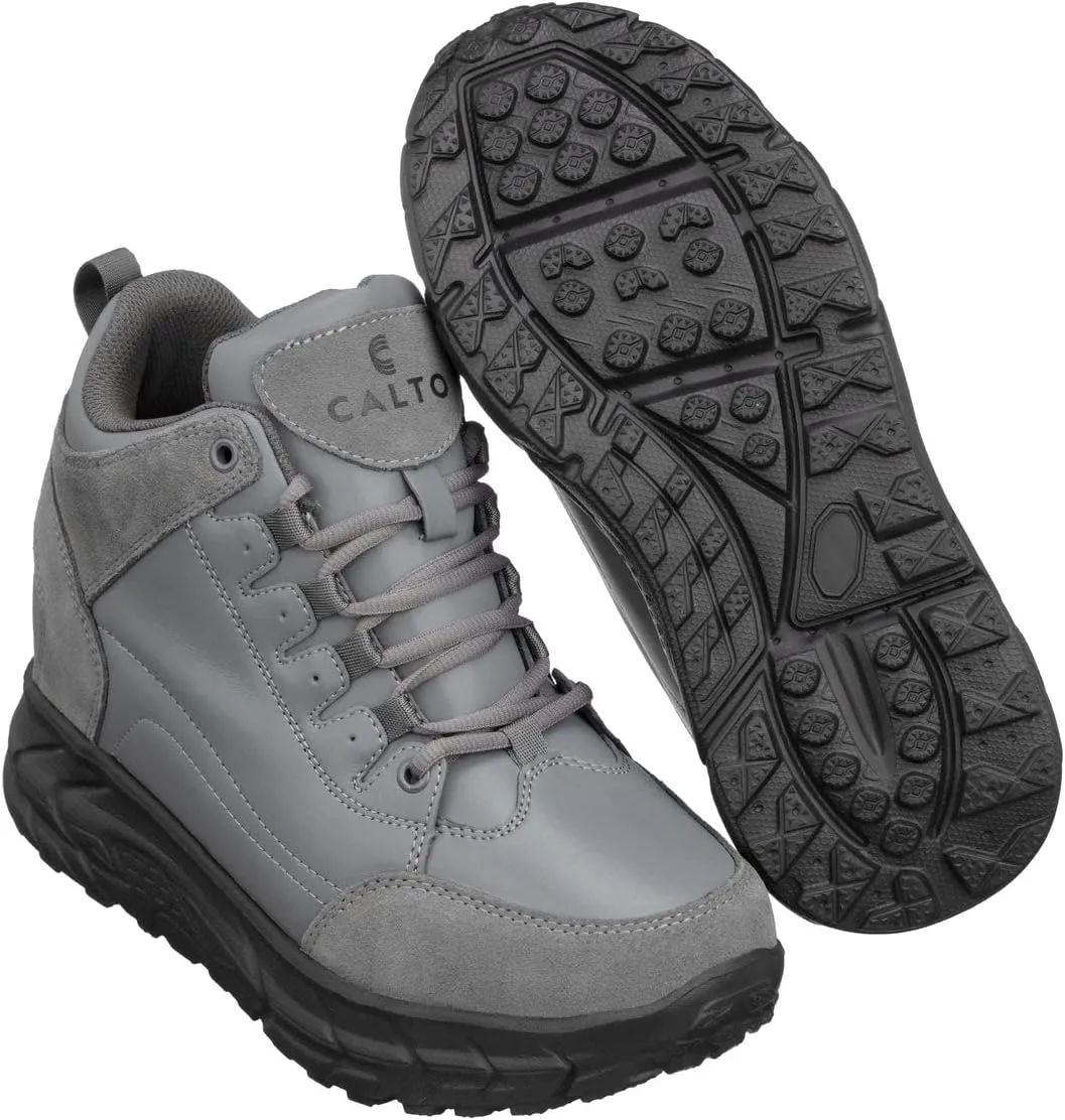 CALTO Men's Invisible Height Increasing Elevator Shoes - Grey Lace-up High-Top Hiking Style Sneaker Boots - 4 Inches Taller - S22799 - Size 10 D(M) US