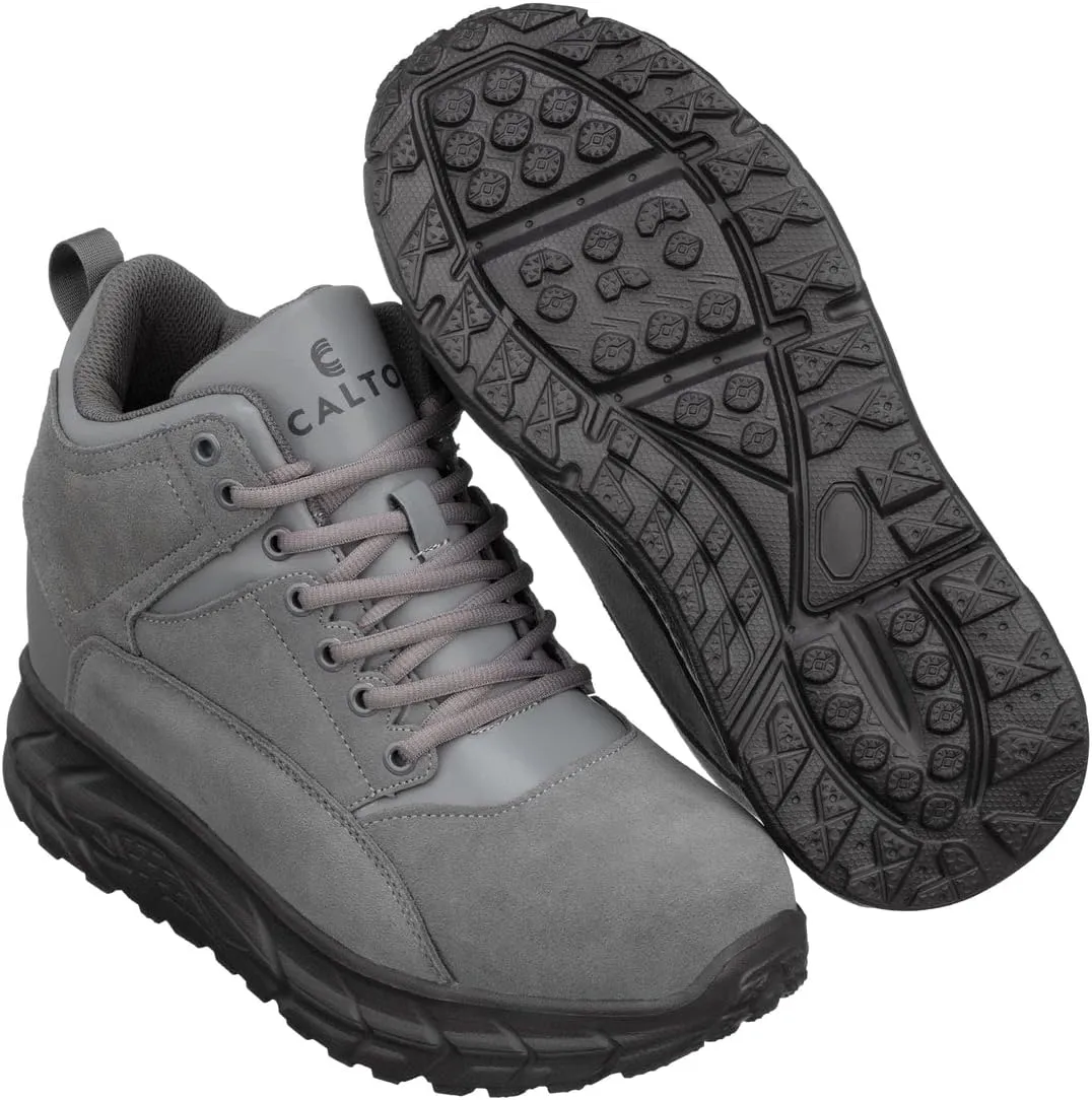 CALTO Men's Invisible Height Increasing Elevator Shoes - Grey Lace-up High-Top Hiking Style Sneaker Boots - 4 Inches Taller - S22800 - Size 7 D(M) US