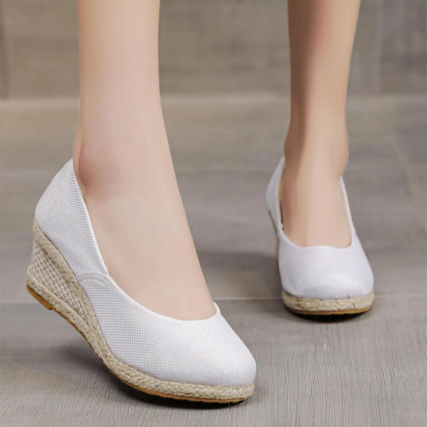 Canvas Espadrilles Wedges for Women Closed Toe High Heels Dress Sandals Round Toe Slip on Shoes Elegant Chunky Comfortable Walking Shoes