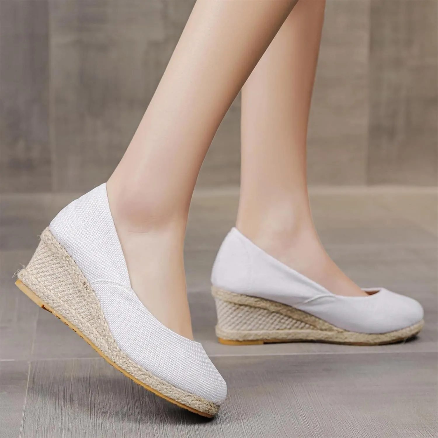 Canvas Espadrilles Wedges for Women Closed Toe High Heels Dress Sandals Round Toe Slip on Shoes Elegant Chunky Comfortable Walking Shoes