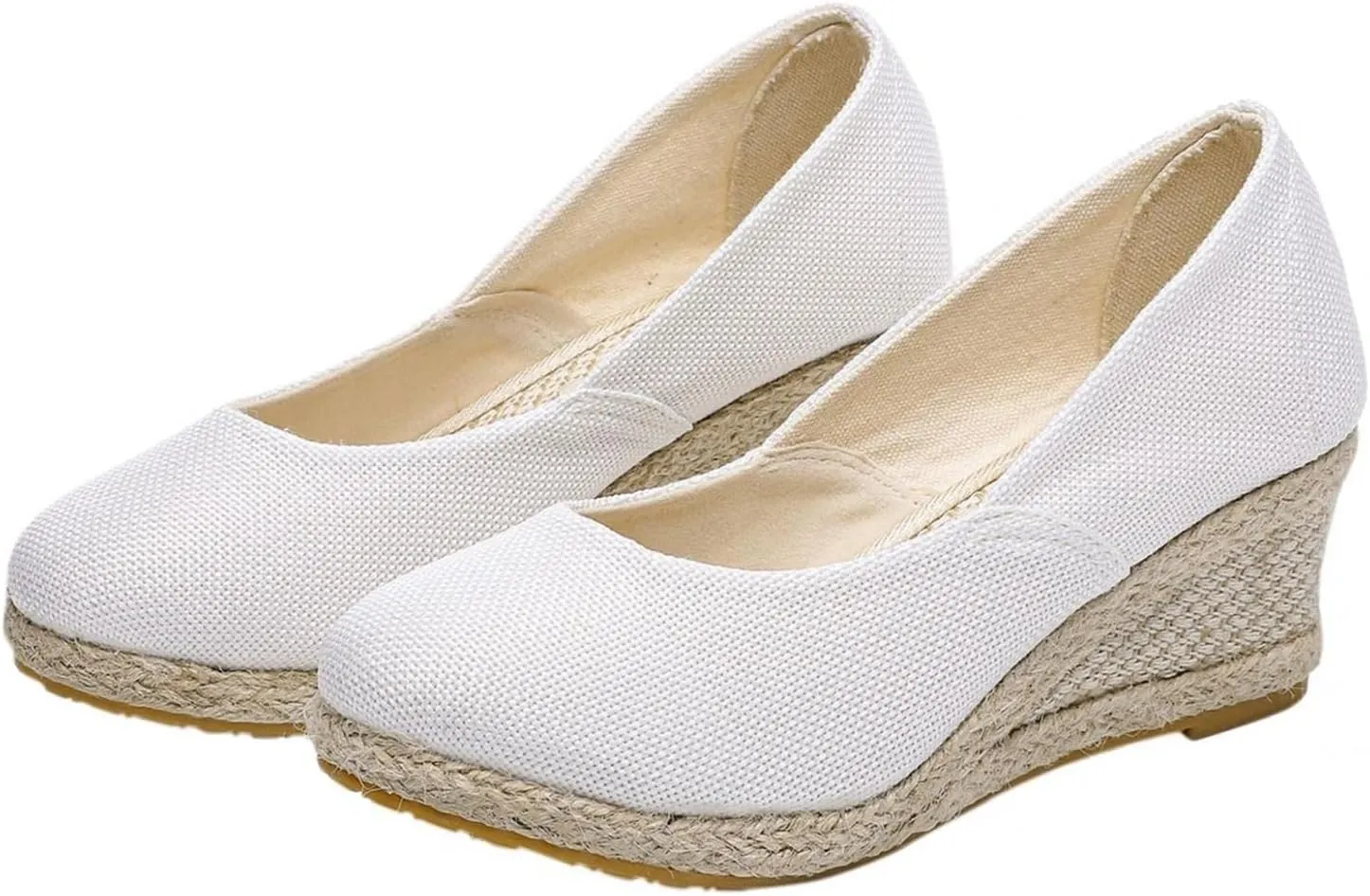 Canvas Espadrilles Wedges for Women Closed Toe High Heels Dress Sandals Round Toe Slip on Shoes Elegant Chunky Comfortable Walking Shoes
