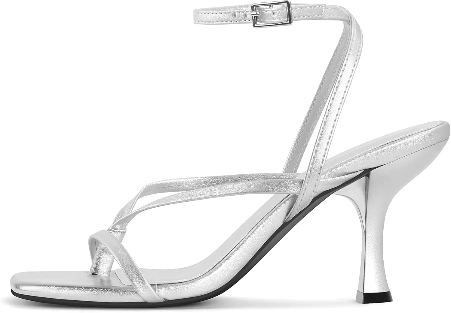 Carcuume Womens Kitten Heels Square Toe Thong Strappy Ankle Strap Stiletto Heel Sandals