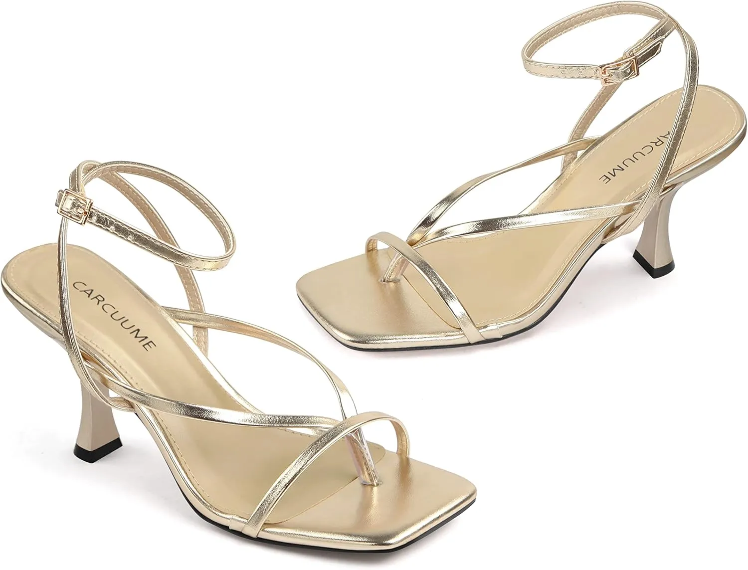 Carcuume Womens Kitten Heels Square Toe Thong Strappy Ankle Strap Stiletto Heel Sandals