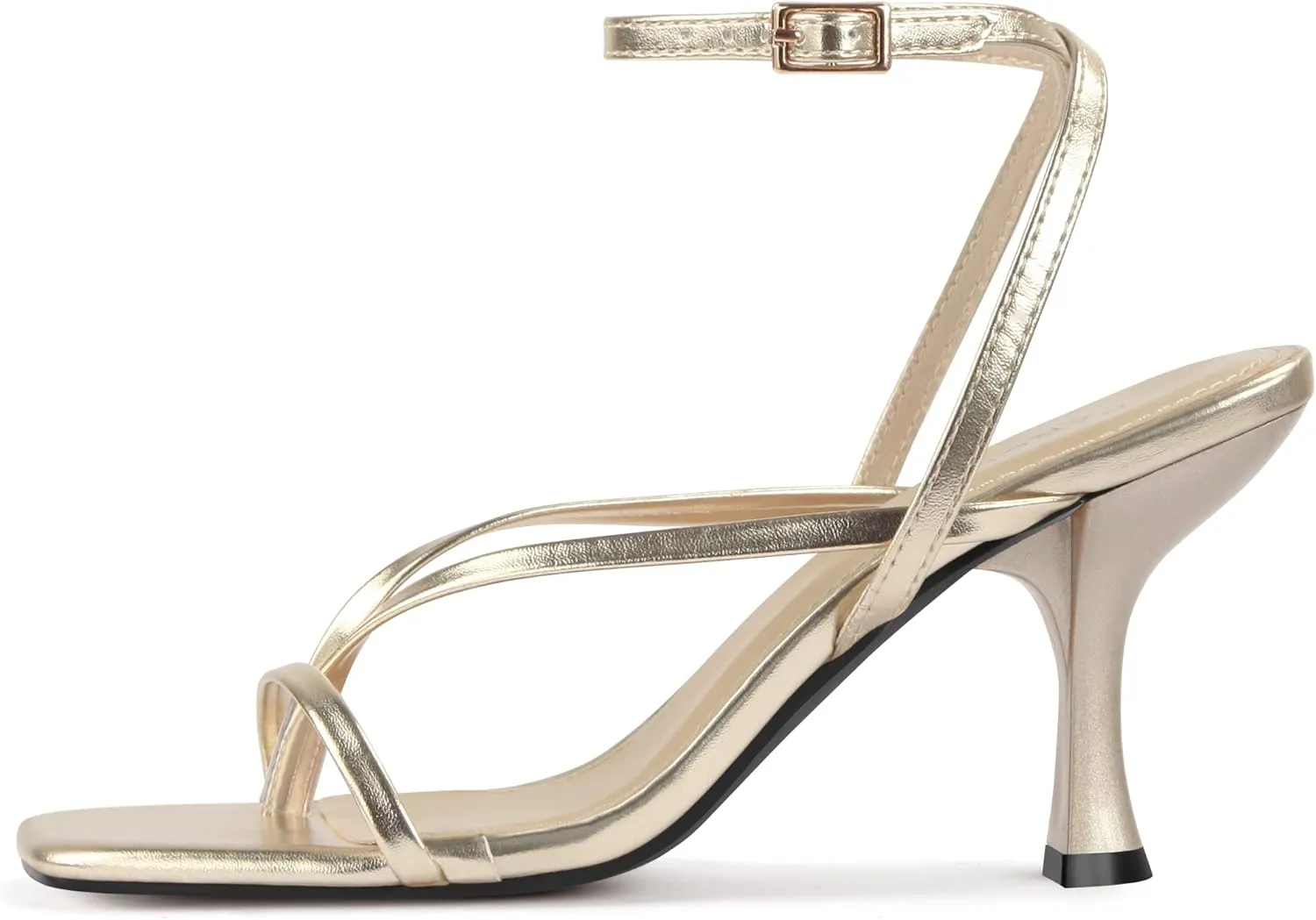 Carcuume Womens Kitten Heels Square Toe Thong Strappy Ankle Strap Stiletto Heel Sandals
