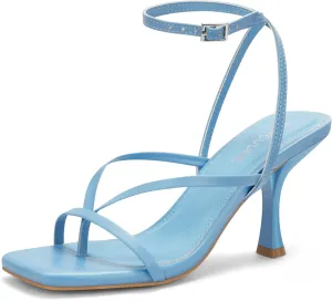 Carcuume Womens Kitten Heels Square Toe Thong Strappy Ankle Strap Stiletto Heel Sandals