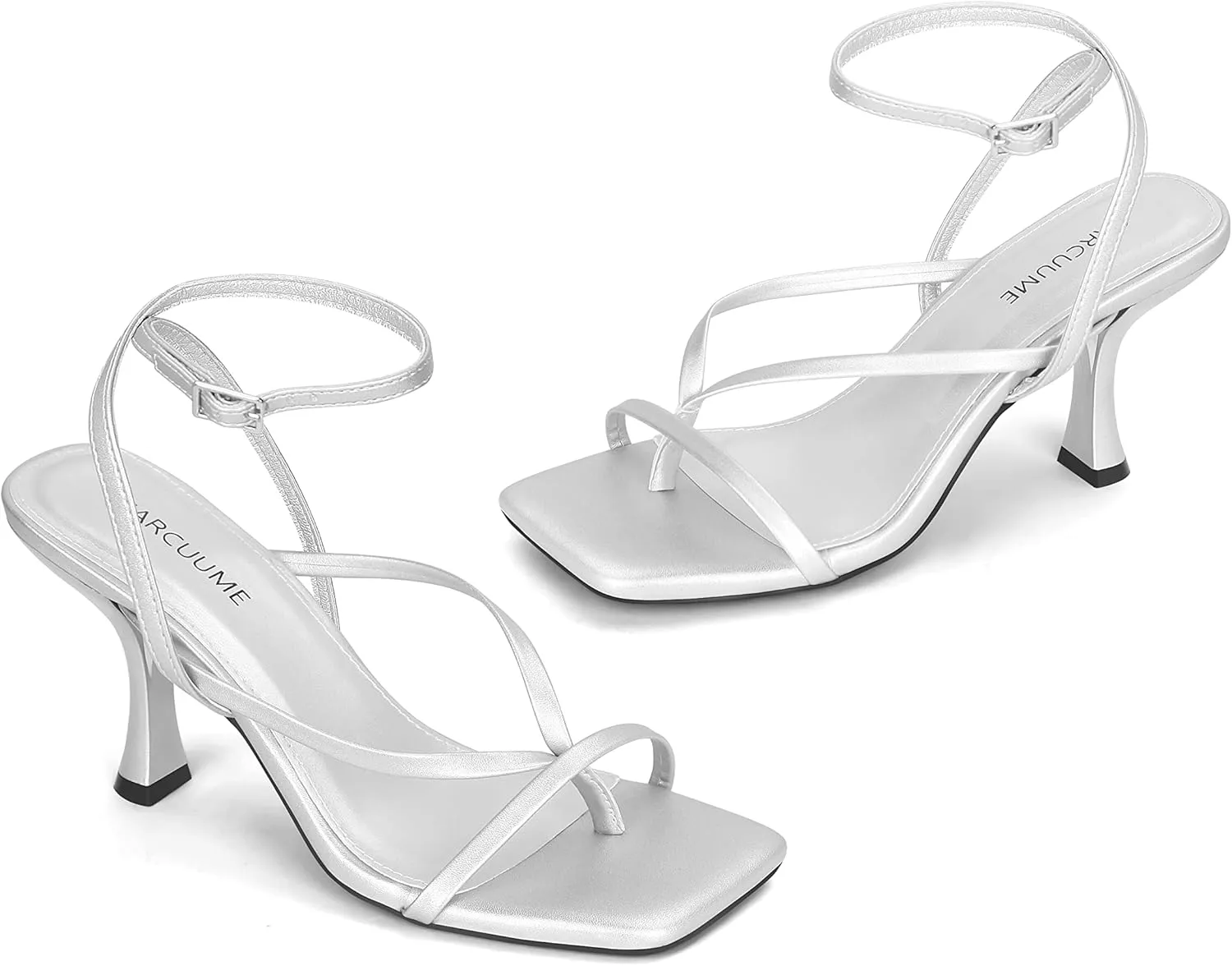Carcuume Womens Kitten Heels Square Toe Thong Strappy Ankle Strap Stiletto Heel Sandals