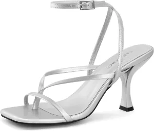 Carcuume Womens Kitten Heels Square Toe Thong Strappy Ankle Strap Stiletto Heel Sandals