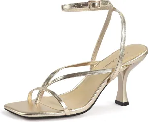 Carcuume Womens Kitten Heels Square Toe Thong Strappy Ankle Strap Stiletto Heel Sandals