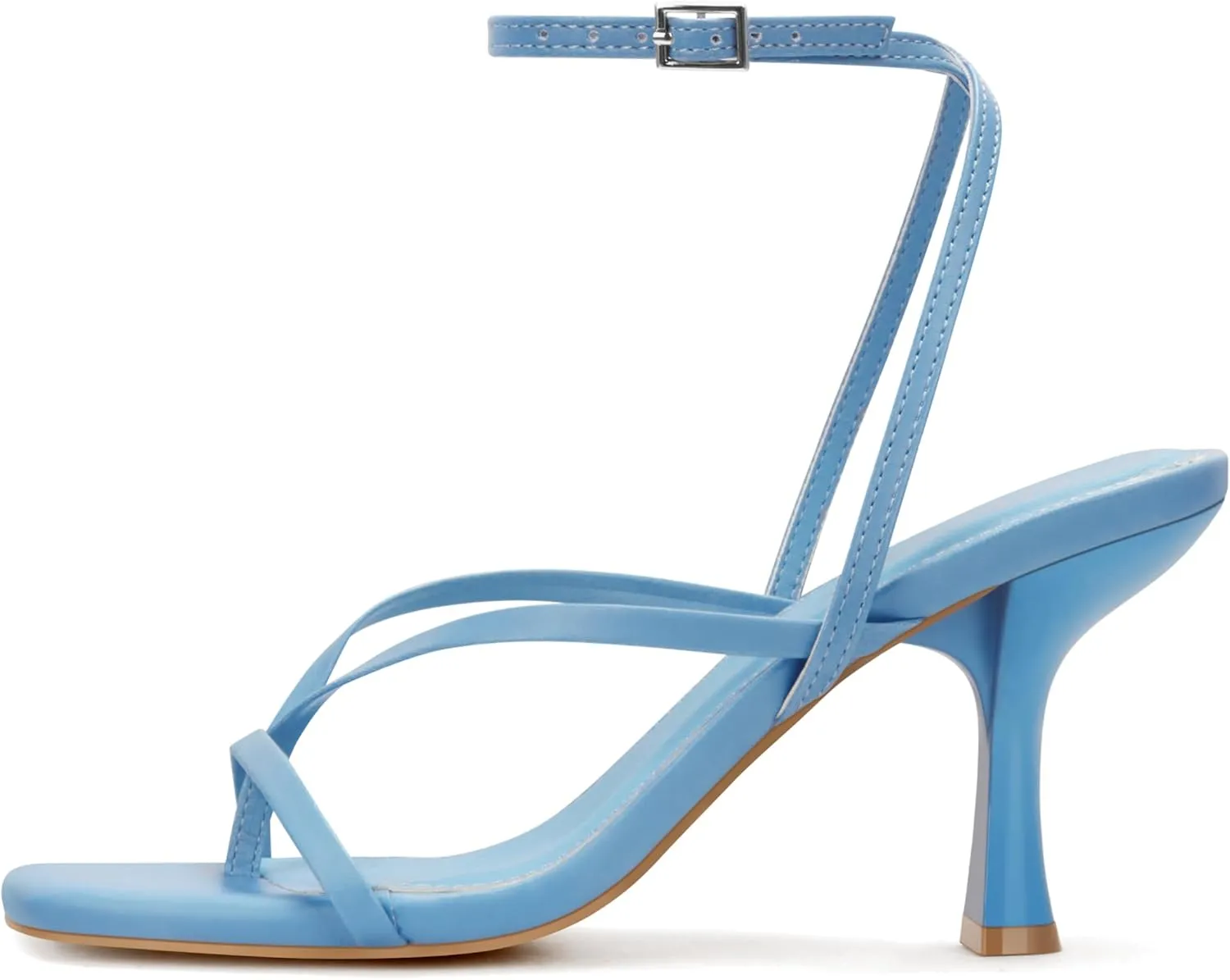 Carcuume Womens Kitten Heels Square Toe Thong Strappy Ankle Strap Stiletto Heel Sandals