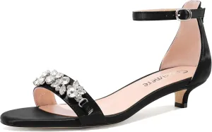 Castamere Womens Low Kitten Heel Open Toe Sandals Ankle Strap Rhinestone Crystal Wedding Dress Satin 1.2 Inches Heels