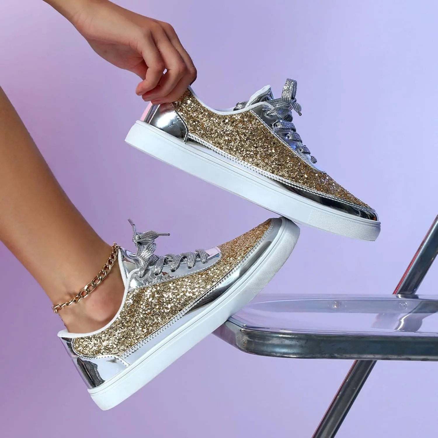 Casual Thick Soled Sneakers New Glossy Fashion Women's Shoes Low Cut Lace Up Flat Shoes Floral Heels Shoes for Women