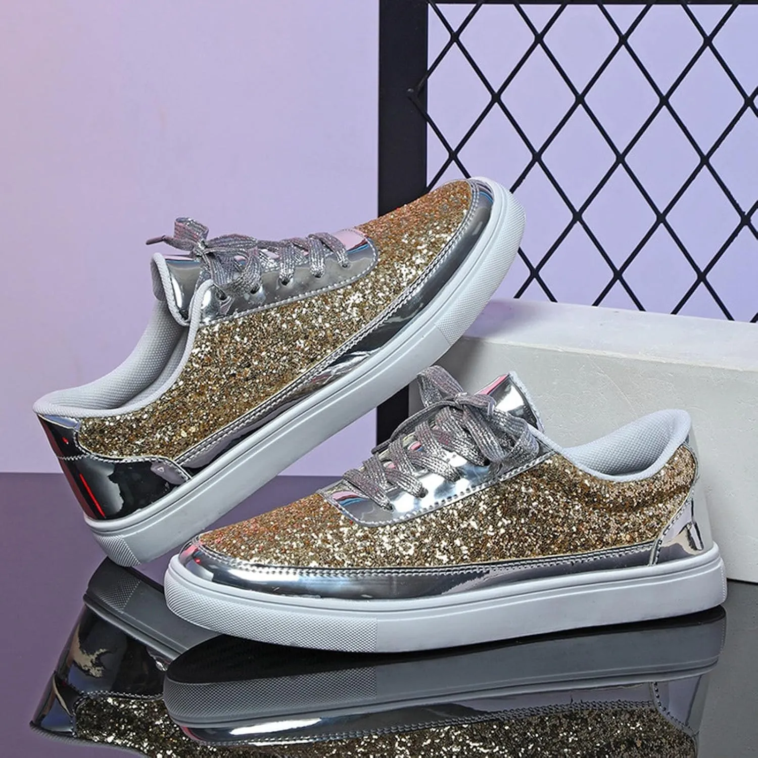 Casual Thick Soled Sneakers New Glossy Fashion Women's Shoes Low Cut Lace Up Flat Shoes Floral Heels Shoes for Women