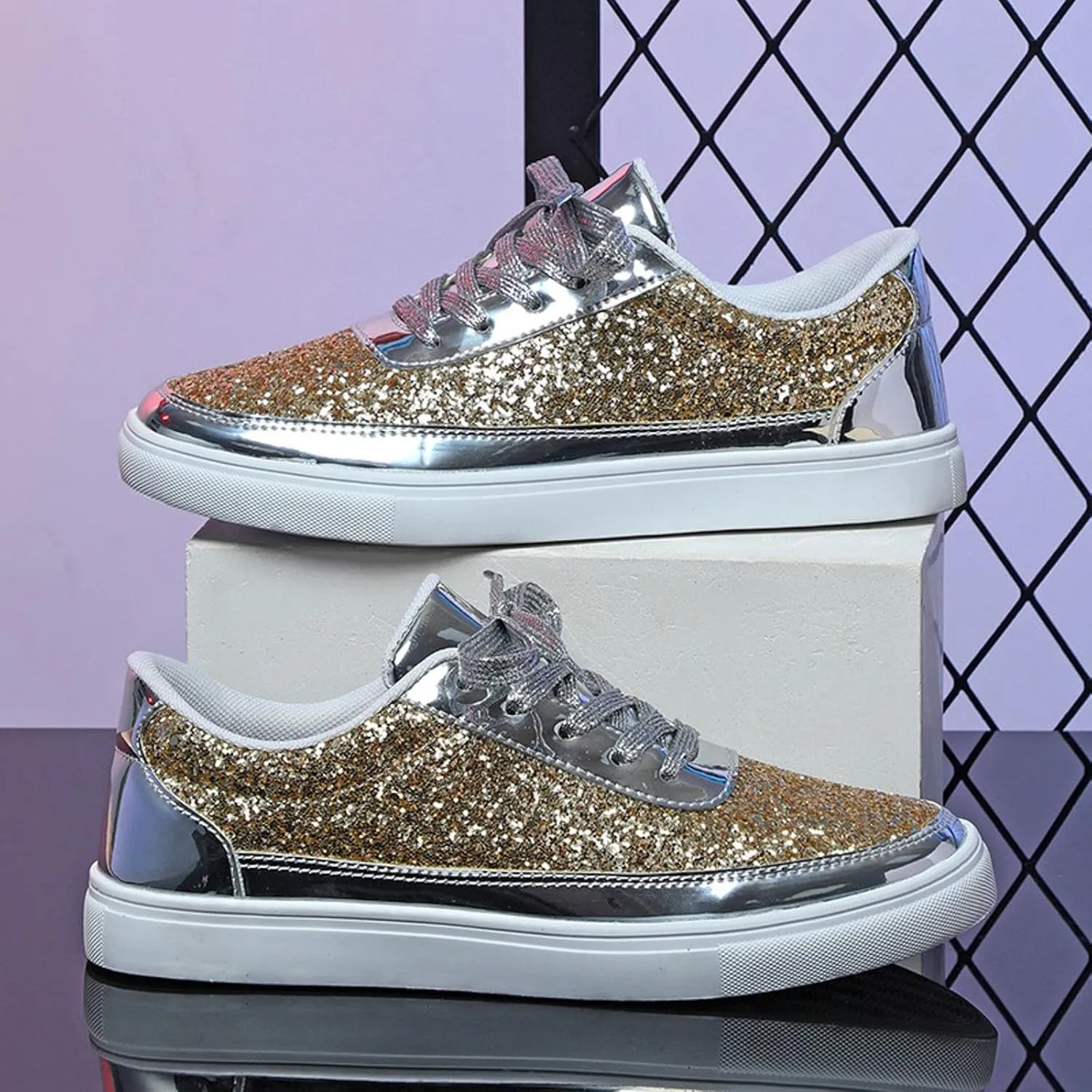 Casual Thick Soled Sneakers New Glossy Fashion Women's Shoes Low Cut Lace Up Flat Shoes Floral Heels Shoes for Women